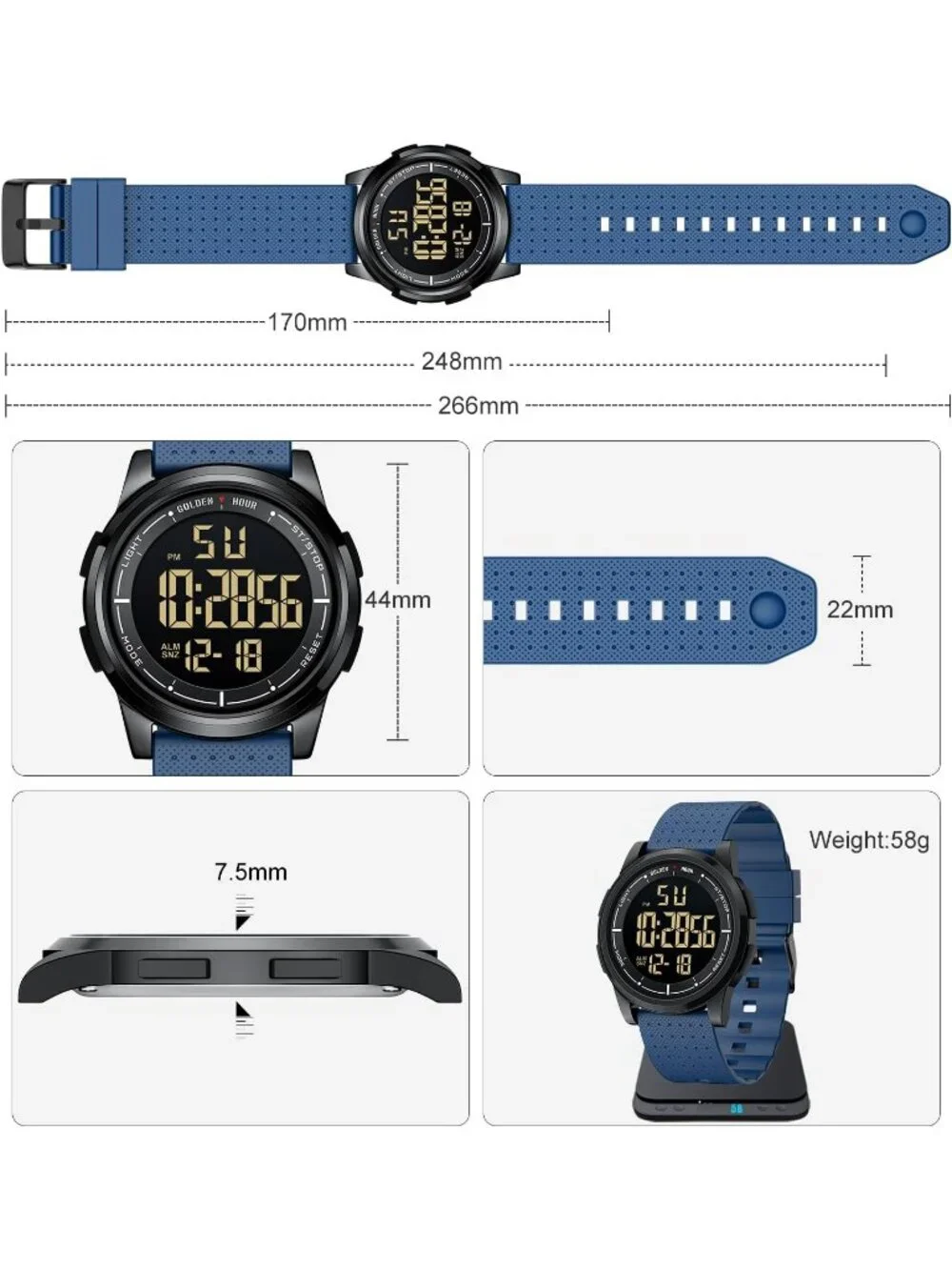 Mens Navy Blue Rubber Strap Ultra-Thin Minimalist Sport Waterproof Digital Watch